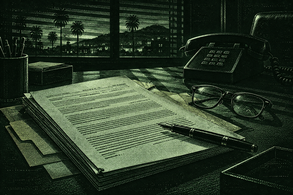 An agency contract, pen, reading glasses, and office telephone on a desk at night.
